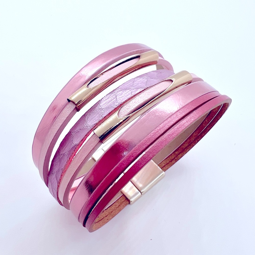 Pink Layered Leather Bracelet with Gold Charms